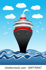 Passenger ship in the sea in vector. Frontal view