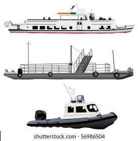 Passenger ship, small ferry boat and coast guards motor pontoon. Vector color illustration on white background.