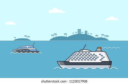 Passenger ships. Sea transportation liner. Ocean luxury yacht.. International water tourism and recreation concept. Vector illustration.
