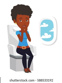 Passenger shocked by plane flight in turbulent area. Airplane passenger frightened by flight. Terrified passenger sitting in airplane seat. Vector flat design illustration isolated on white background