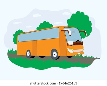 A passenger shuttle bus rides on the freeway against the backdrop of nature. Colored illustration for the design of passenger transport