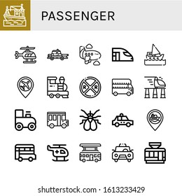 passenger simple icons set. Contains such icons as Boat, Helicopter, Taxi, Airplane, High speed train, Ship, Airport, Train, Railroad crossing, can be used for web, mobile and logo