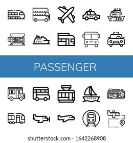 passenger simple icons set. Contains such icons as Train, Bus stop, Bus, Cruise, Airplane, Taxi, School bus, Minibus, Small plane, Tramway, can be used for web, mobile and logo