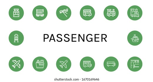 conjunto de iconos sencillos para pasajeros. Contiene iconos tales como Tramway, Ferrocarril, Avión, Bus, Ferrocarril, Tren, Avión, Envío, Bus Escolar, puede ser usado para web, móvil y logo