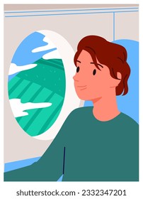 Passenger sitting by window in chair of airplanes cabin vector illustration. Cartoon happy young man in comfort aircraft seat looking out illuminator at sky, clouds and landscape during flight