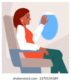 Fluggast sitzend durch Fenster in Stuhl Vektorgrafik. Cartoon junge Frau im Sitz der Flugzeugkabine, die das Porthole mit dem offenen oder nahen Beleuchter berührt, Person, die durch Glas den blauen Himmel anschaut