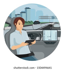 Passenger sitting in the seat with digital tablet when autonomous self driving car rides on the highway. Vector illustration