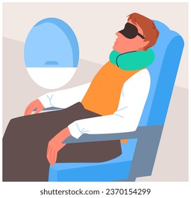 Passenger sleeping with pillow around neck in comfortable airplane seat vector illustration. Cartoon man sitting by closed window to sleep at nap time during flight, person in plane cabin interior