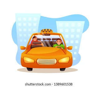 Passenger Sleeping In Taxi Flat Vector Illustration. Angry Yellow Cab Driver Cartoon Character. Curious Situation Isolated Clipart. Carpooling, Ride Sharing Service. Drunk Man In Taxi Design Element