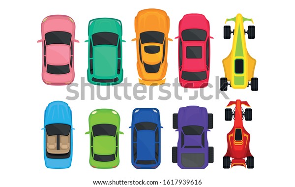 Passenger\
and Sportive Cars View From Above Vector\
Set