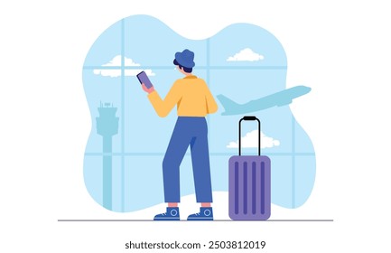 Passenger with suitcase, baggage, holding phone in hand. Tourist standing with travel bag, luggage, checking phone, journey. Flat vector illustration isolated on white background