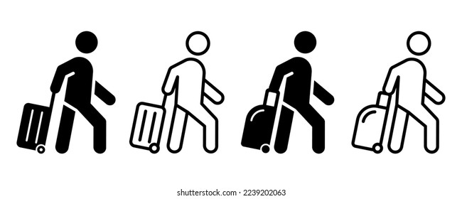 Passenger with suitcase. Man pulling bag vector icons set. Traveling icon. Vector 10 Eps.