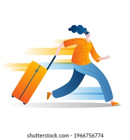 The passenger with the suitcase runs fast. Vector isolated illustration on the topic of tardiness and haste.