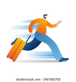 The passenger with the suitcase runs fast. Vector isolated illustration on the topic of tardiness and haste.