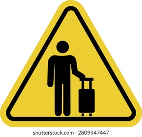 A passenger with a suitcase. Yellow warning triangle sign. Transportation hub area. Flight waiting. Document check. Boarding. Route transfer. Passenger flow.