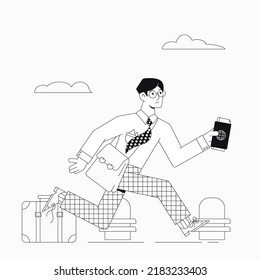 A passenger a tourist with a briefcase and a suitcase,runs quickly,waving his tie.Documents in hand.A late passenger,a tourist hurrying on time.Flat style.Stock vector illustration of a late passenger