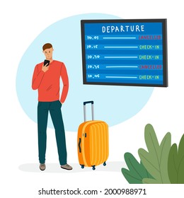 Passenger, tourist, traveler. Young man with suitcase standing at airport near information board, waiting for check-in for flight, reading a smartphone. Vector flat cartoon isolated illustration