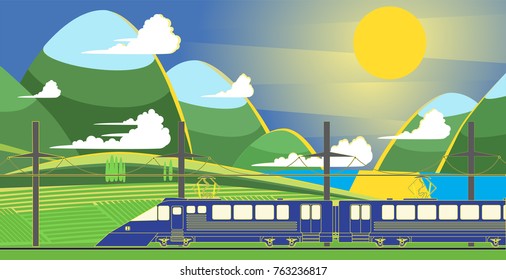 Passenger train in the background of a mountain landscape