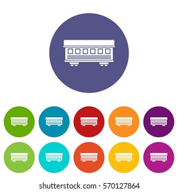 Passenger train car set icons in different colors isolated on white background