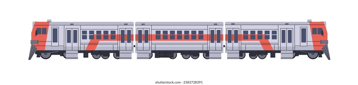 Passenger train with carriages side view. Electric railroad transport with wagons for subway. Railway coaches with locomotive for rail travel. Flat isolated vector illustration on white background