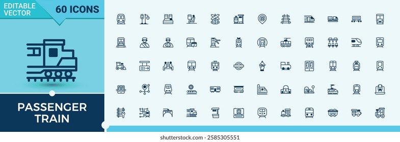 Passenger Train collection. Featuring traffic, travel, metro, railway, platform, transport, underground, tram. Thin linear style icons. Vector outline and solid icons collection.