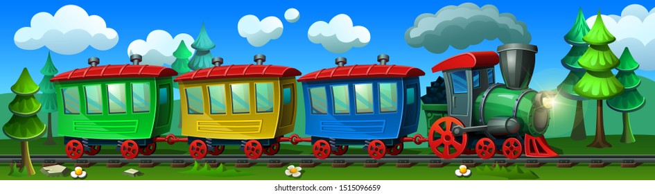 Passenger train with colorful railway carriages. Cartoon locomotive in the forest. Vector illustration.