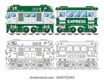 Passenger train. Coloring. Isolated on white background. Side view. Vector illustration. 