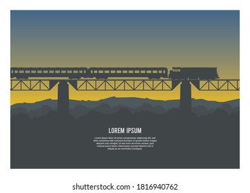 Passenger train crossing a bridge with mountain silhouette background.