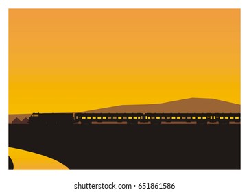 passenger train crossing village, silhouette illustration