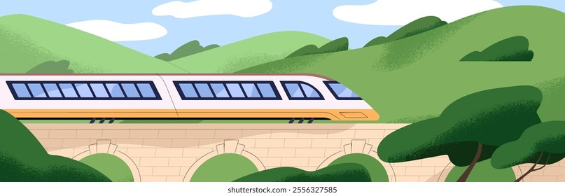 Passenger train of express railroads with carriages goes on brick bridge among countryside landscape. Modern transport of rail road, railway is in travel in nature scenery. Flat vector illustration