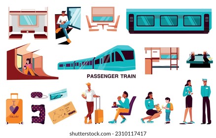 Grupo plano de viajeros con equipajes esperando un transporte en la estación y sentados en una ilustración vectorial aislada del vagón