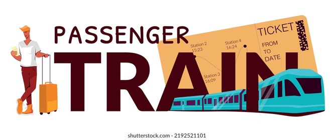 Texto plano del tren de pasajeros con tren de alta velocidad moderno que pasa por la ilustración vectorial de las letras grandes