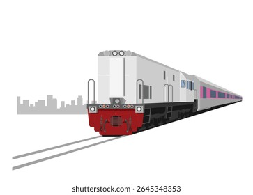 Passenger train hauled by long hood locomotive with city building silhouette background. Simple flat illustration in perspective view