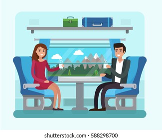 Passenger Train Inside. Man And Woman Seat In Railway Transport.  Flat Style Vector Illustration.