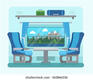 Passenger train inside. Seat in railway transport. Travel and transportation by train. Flat style vector illustration.