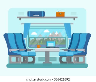 Passenger train inside. Seat in railway transport. Travel and transportation by train. Flat style vector illustration.