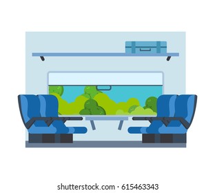 Passenger train inside. Seat in railway transport. Travel by train, window with access to the street and nature on the background. Vector illustration.