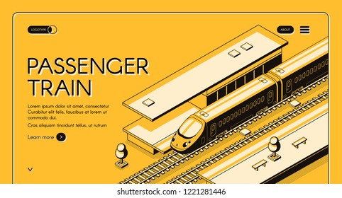 Passenger train isometric vector web banner. High-speed express train on railroad station, line art illustration. Tourism portal or travel agency site template. Railway transport company landing page