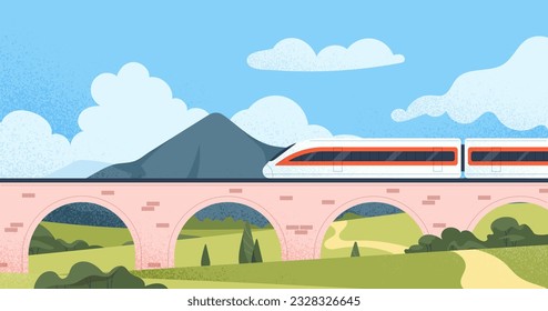 Passenger train at nature concept. Beautiful natural panorama with vehicle, landscape. Glades and mountains near railway. Travel and adventure, tourism. Cartoon flat vector illustration