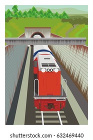 passenger train outside the tunnel, top view, perspective illustration
