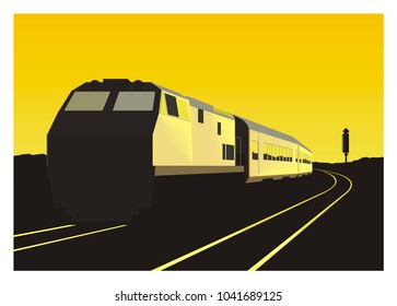 passenger train in perspective view with sunset background