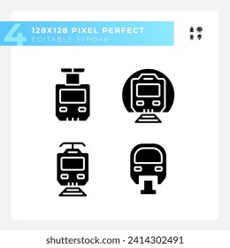 Passenger train pixel perfect black glyph icons set on white space. Steam locomotive. Rail transportation. High speed. Silhouette symbols. Solid pictogram pack. Vector isolated illustration