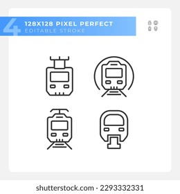 Passenger train pixel perfect linear icons set. Steam locomotive. Rail transportation. High speed. Customizable thin line symbols. Isolated vector outline illustrations. Editable stroke