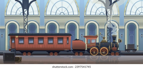 Passenger train at the railway station. Vintage steam locomotive with passenger carriage, platform, luggage trolley, boxes. Interior of the station building, 19th century architecture. Vector cartoon