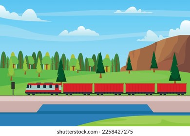 Passenger train rides along the scenic route 2d vector illustration concept for banner, website, illustration, landing page, flyer, etc