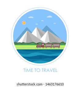 Passenger train round icon. Travel, rest, vacation. Railway transportation. Vector logo travel. Relaxation rest. Natural background.
