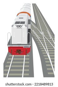 Passenger Train Running On Double Track. Top View. Simple Flat Illustration In Perspective View.