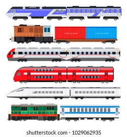 Passenger train set. Train people use for traveling, series of connected colorful railway carriages. Vector flat style cartoon illustration isolated on white background