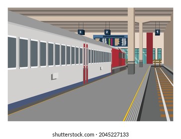 Passenger train stops at terminus railway station. Simple illustration in perspective view.