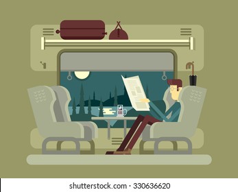 Passenger train. Transportation travel, railway transport, umbrella and luggage, table and window, newspaper and tea, flat vector illustration